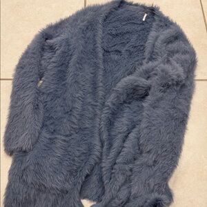 Free People Fuzzy Open-Front Cardigan in Dusty Blue